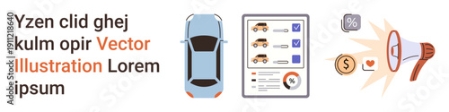 Car insurance, financial planning, vehicle evaluation, online services, marketing campaigns, payment plans. Blue car, checklist and financial icons with megaphone. Car insurance and financial