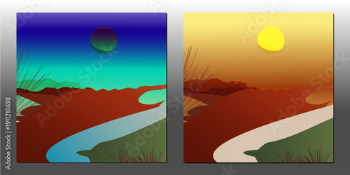 Minimal Desert Sunrise Landscape with Sand Dunes and Warm Gradient Sky Vector Beautiful desert landscape vector illustration featuring warm sunset gradient sky, bright sun, layered mountains, sand dun