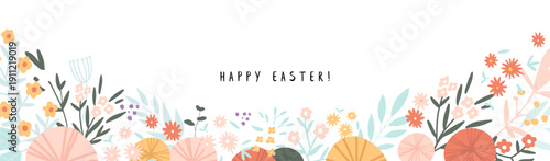 Fancy handdrawn floral Easter background with space for text, vector illustration.