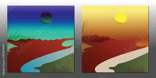 Minimal Desert Sunrise Landscape with Sand Dunes and Warm Gradient Sky Vector Beautiful desert landscape vector illustration featuring warm sunset gradient sky, bright sun, layered mountains, sand dun