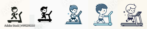 Silhouette Vector Illustration of a Cute Kids Running on a Treadmill