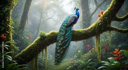 Majestic peacock perched on mossy branch in lush tropical rainforest
