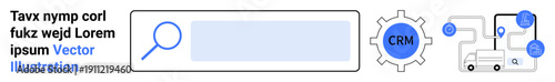 Customer relationship management, data visualization, logistics tracking, workflow automation, system integration, business tools. Magnifying glass with CRM gear and interconnected nodes. CRM