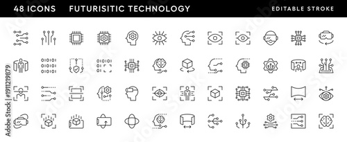Futuristic technology icon set. Information technology, automated system, robotic, electronic, chipset, simulation, microchip and more. Editable stroke. Pixel Perfect. Grid base 32 x 32.