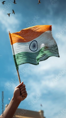 Indian national flag waving in the sky with birds flying.