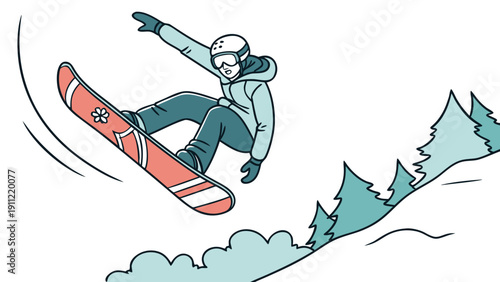 Cartoon snowboarder performing an aerial maneuver, minimalist white background.