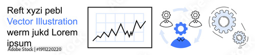 Business growth, workflow optimization, teamwork, project management, automation, data analytics. A graph, gear icons and interconnected team figures. Business growth and workflow optimization