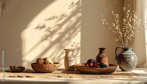 Still life with fruit, vases, and dried flowers in sunlight.