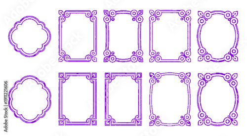 Set of vintage purple decorative frames and borders with intricate corner designs for elegant art isolated on white background crosshatch grunge texture vector design