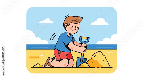 Young Boy Building Sandcastle on Beach.