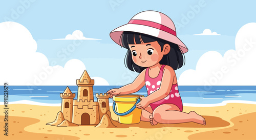 Young Girl Building Sandcastle on Beach.