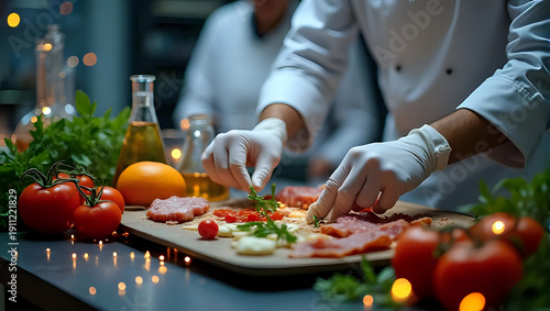 Professional chefs or scientists preparing fresh ingredients, meat, vegetables, laboratory flasks on kitchen counter - experiment, gourmet food science, culinary art innovation, molecular gastronomy