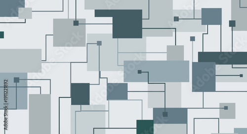 Geometric pattern of gray squares and rectangles connected by lines