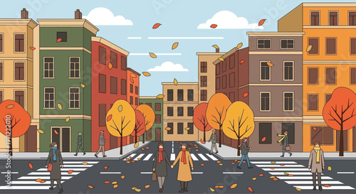 Colorful Buildings and People Crossing Street.