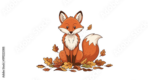 Cute Cartoon Fox Sitting with Autumn Leaves.