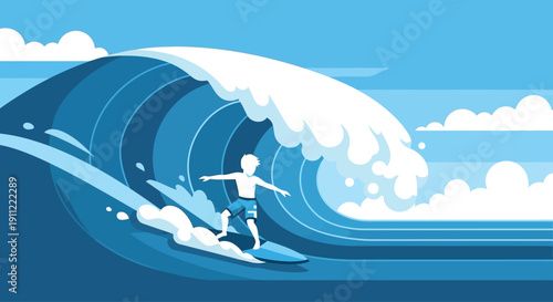 Surfer Riding a Big Blue Wave.