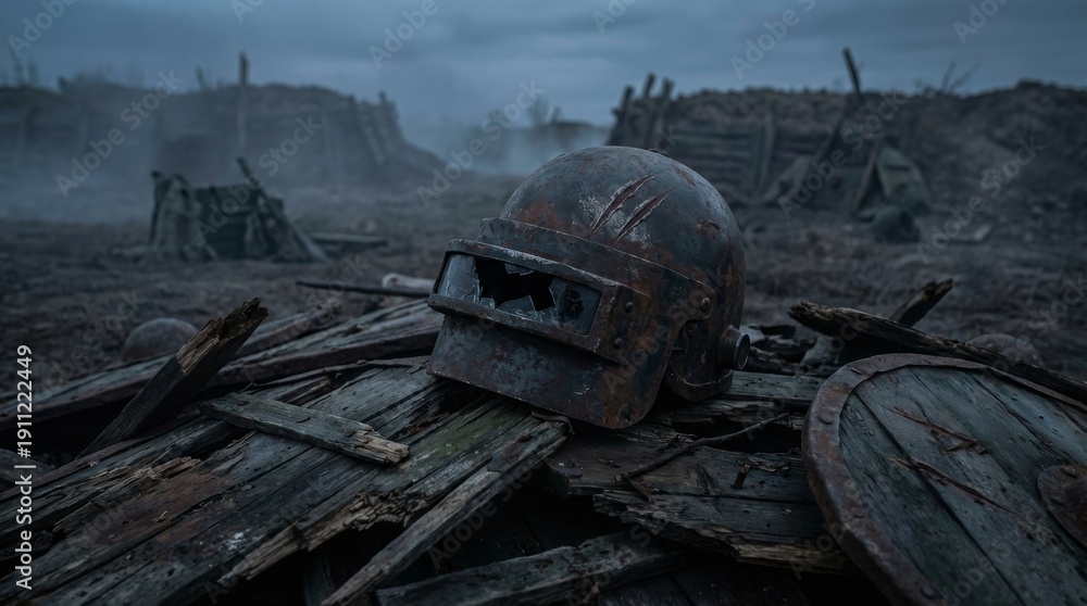 Fototapeta premium Rusty Battle Helmet Amidst War Debris