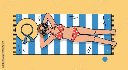 Woman Relaxing on Striped Towel with Sunglasses.