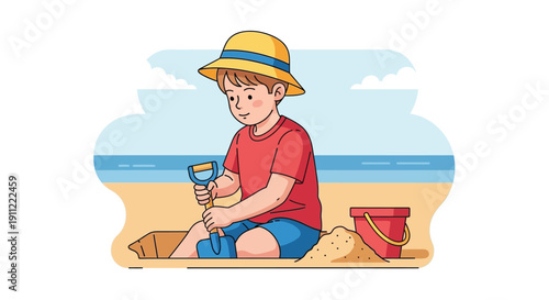 Young Boy Building Sandcastle on Beach 2.
