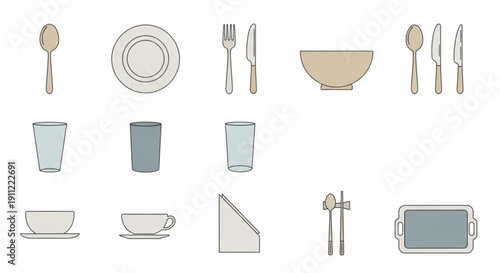 Collection of assorted tableware and kitchenware items presented in a minimalist vector graphic style
