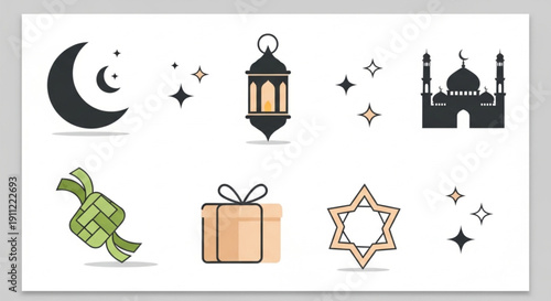 Diverse collection of Islamic celebration icons, featuring essential symbols such as the crescent moon, radiant stars, mosque, ornate lantern, traditional ketupat, and a gift box for festive designs