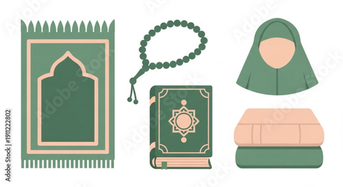 Essential Islamic devotion items in flat design a prayer mat, rosary beads, and sacred book, illustrating core spiritual practices and religious faith