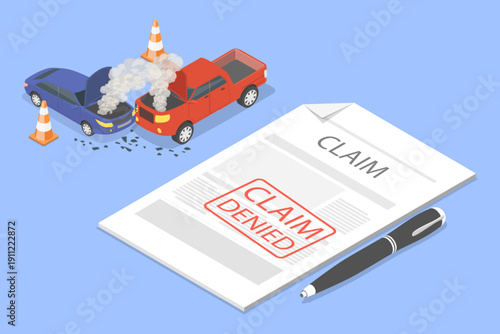 3D Isometric Flat Vector Illustration of Denied Insurance Claim, Car Accident