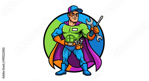 Superhero repairman with tools, ready to fix anything with his skills