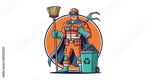 Superhero cleaner with broom and trash can, ready to tackle dirt and grime