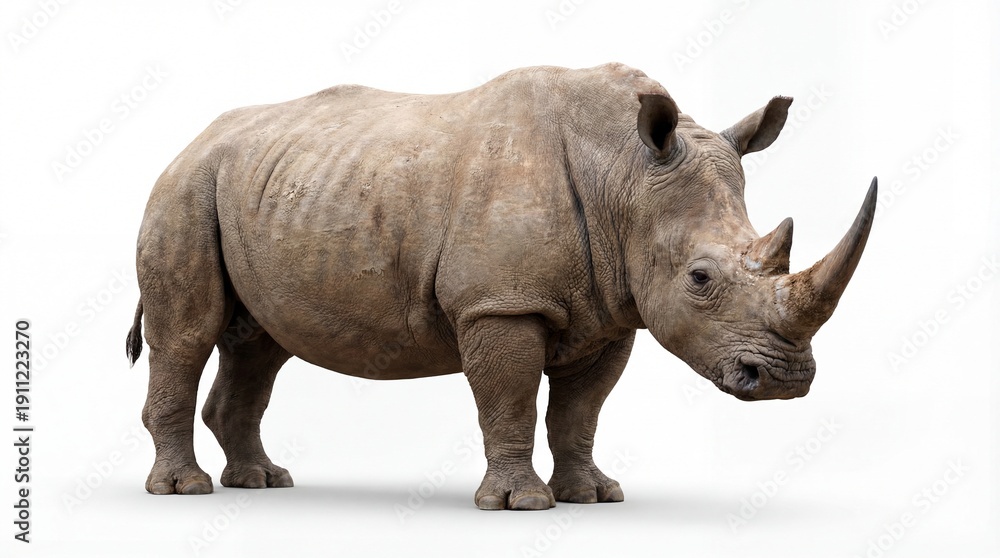 Fototapeta premium A large rhinoceros stands alone on a white background, showcasing its distinctive horn and rugged skin texture.