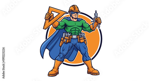 Construction Superhero Holding Triangle and Tool, Ready for Building Projects