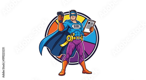 Superhero with barcode scanner and clipboard, ready to save the day