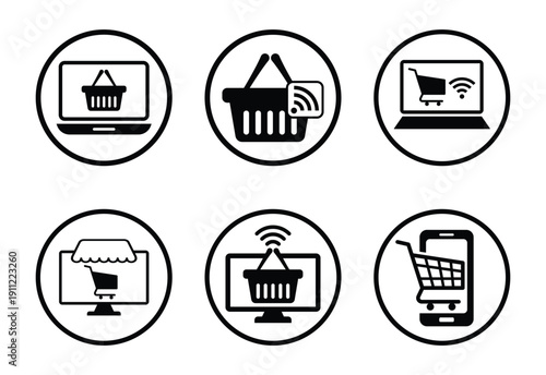 Six black and white ecommerce icons on a white background