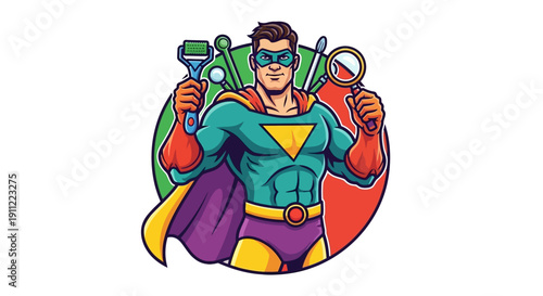 Superhero dental service with tools and cape, graphic illustration character