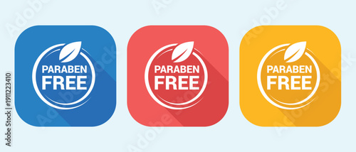 Paraben free icons in blue red and yellow colors for cosmetics labeling