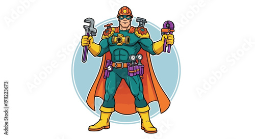 Superhero plumber with tools, cape, and helmet, ready to fix any problem