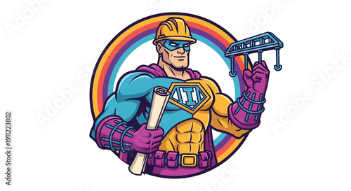 Superhero construction worker with blueprints and safety helmet, ready to build