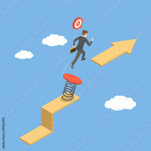 3D Isometric Flat Vector Illustration of Overcoming An Obstacle, Jumping Over Gap Arrow As Symbol Of Risk