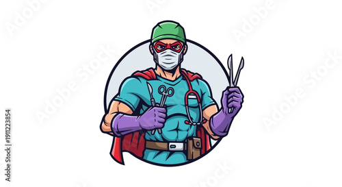 Superhero Doctor Illustration with Medical Tools and Mask - Healthcare Hero Concept