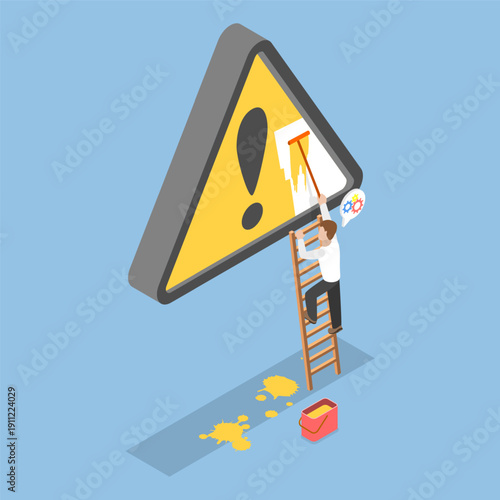 3D Isometric Flat Vector Illustration of Incident Management, Man Painting Attention Sign On Wall Using Stepladder