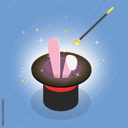 3D Isometric Flat Vector Illustration of Magic Hat, Rabbit Appearing From Magician Bowler