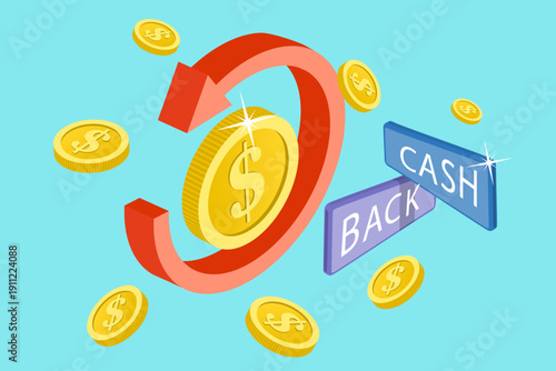 3D Isometric Flat Vector Illustration of Cashback, Gold Coin Surrounded By Red Arrows For Cash Back Promotion