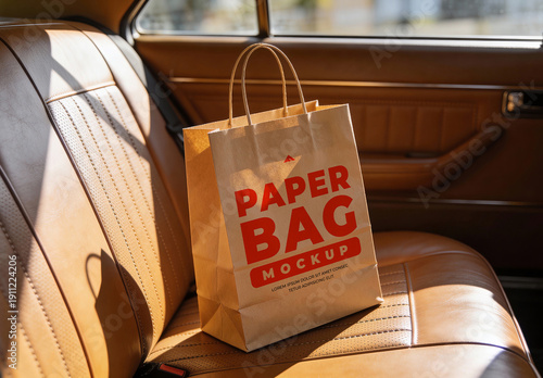Kraft Paper Shopping Bag Mockup Inside Car Interior for Retail Branding Presentation