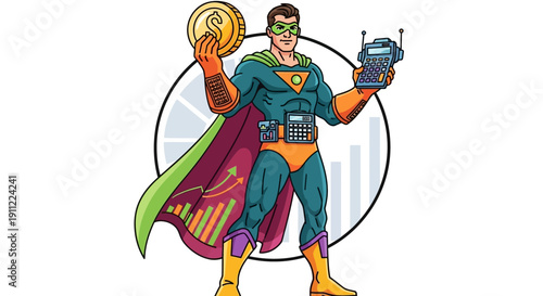 Financial Superhero With Calculator and Coin Illustrates Success and Growth Concepts