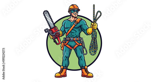Arborist with Chainsaw and Climbing Gear, Ready for Tree Work Safety Equipment