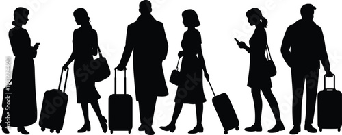 Business traveler silhouettes with luggage, men and women waiting, airport departure scene, smartphone usage, black and white vector illustration set