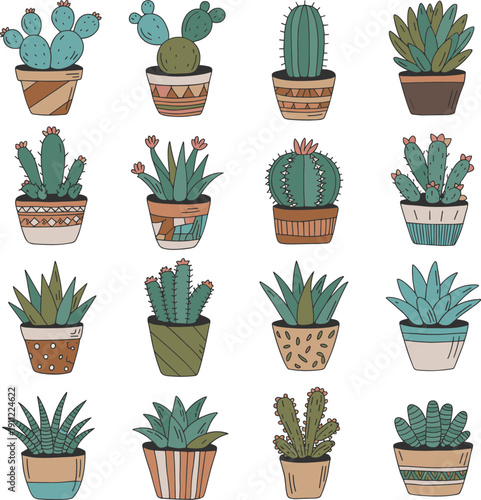 Colorful cactus and succulent illustrations, cute potted desert plants set, hand drawn cartoon style, modern botanical vector collection, art, design