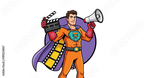 Superhero With Megaphone And Clapperboard, Ready To Announce Movie Magic