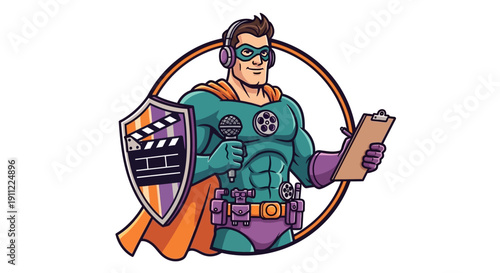 Superhero Reporter Holding Microphone and Clipboard with Shield and Clapperboard