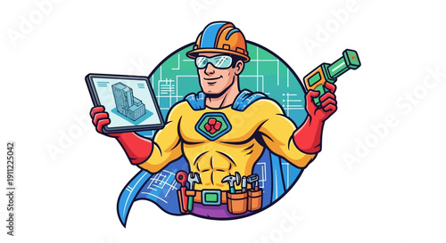 Superhero architect holding blueprint and model, ready for construction projects